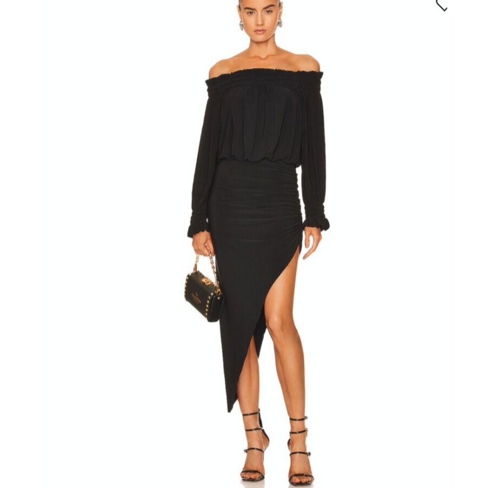 Norma Kamali NWT Side Drape Gown Black 3/4 Sleeve Off the Shoulder Pantie, 34/XS